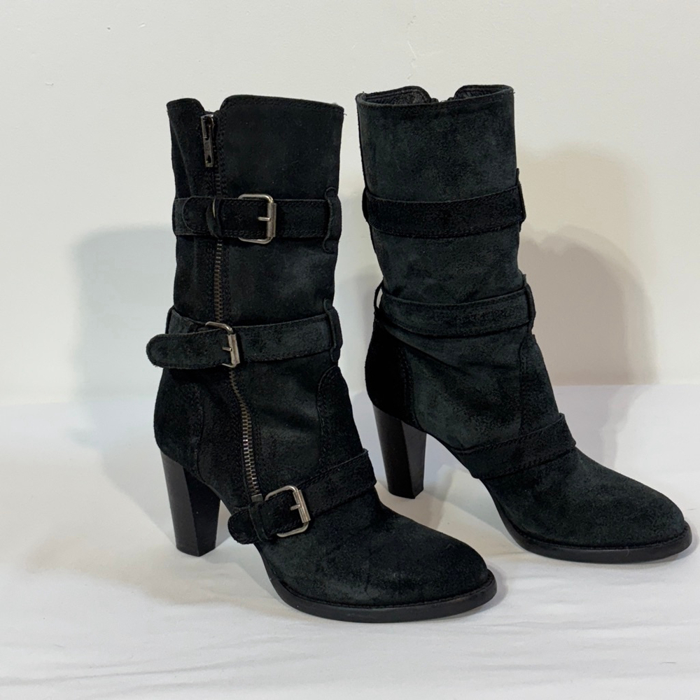 J.Crew Black Green Leather Suede Heeled Boots Women's Size 5.5 Zipper Buckles